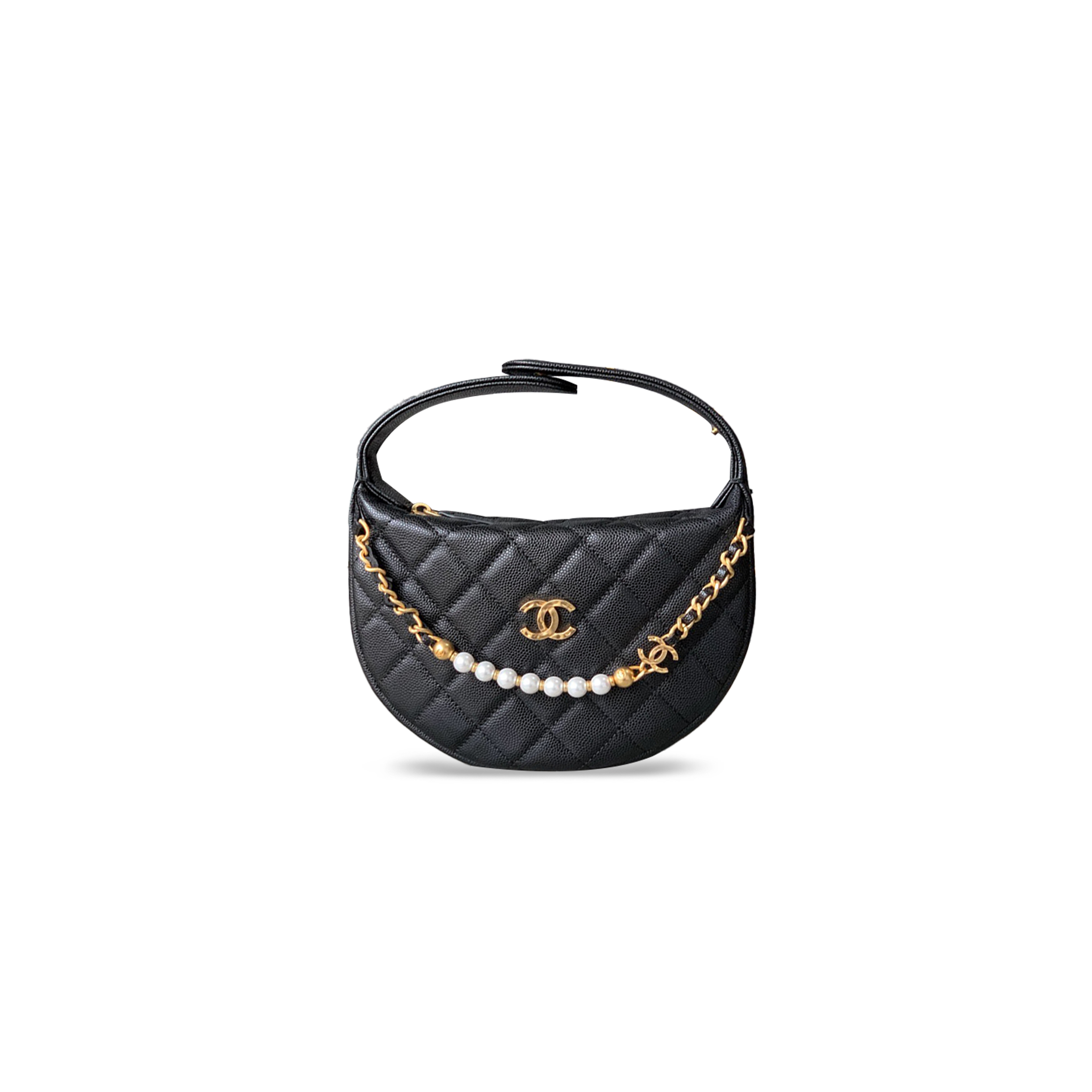 CHANEL POUCH GRAINED CALFSKIN, IMITATION PEARL & GOLD-TONE METAL BLACK AP4584 (17.5*10*9cm)